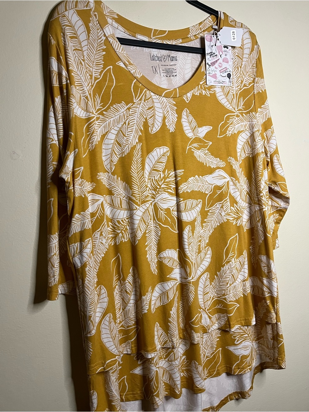 Latched Mama Mustard Yellow Tropical Print Women's Top. Size 1X